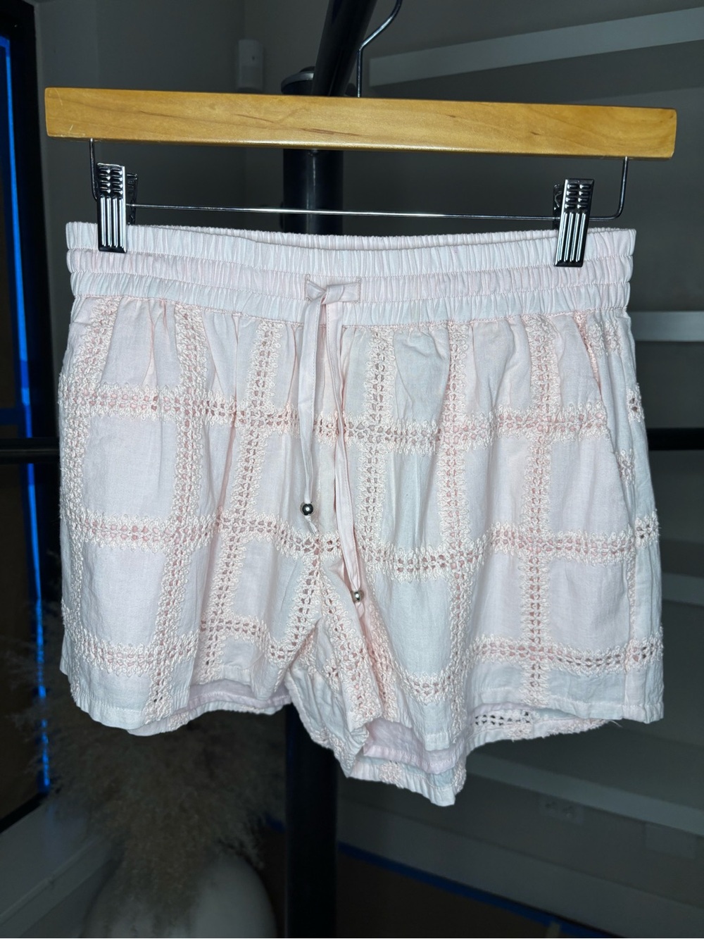 Cami NYC LETTLE Short Light Pink Crochet-Panel Athletic Shorts